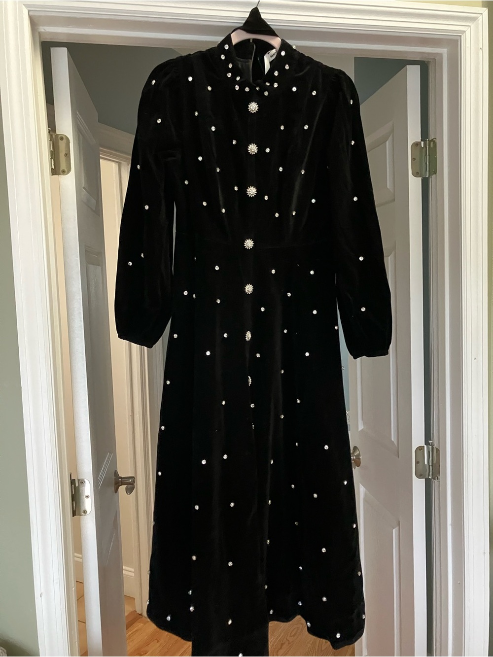 Elegant Black Velvet Midi Dress - Belted with Rhinestone Accents NWT